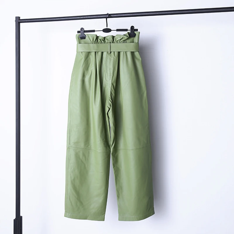 Stylish Genuine Leather Pants Women Sheepskin Bow Tie Lace High Waist Trousers Mujer Khaki/Green Straight Wide Leg Pantalon