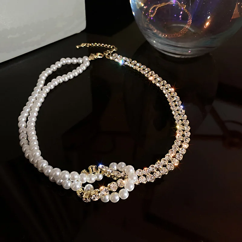 FYUAN Korean Style Pearl Crystal Choker Necklaces for Women Clavicle Chain Rhinestone Necklaces Statement Jewelry