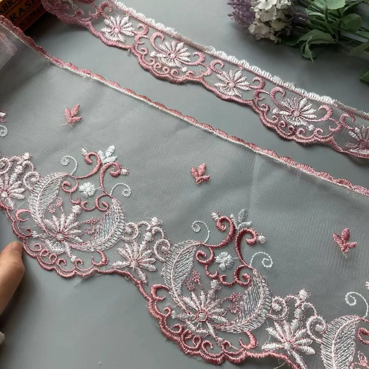 2 Yards Pink 19 cm Mesh Embroidered Flower Lace Trims for Sofa Chair Cushion Home Textiles Trimmings Ribbon Sewing Accessories