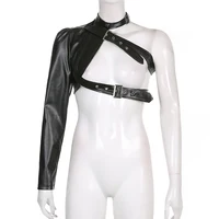 Women Fashion Punk Style Crop Tops Cool Single Long Sleeve Neck Hanger Leather Belt Connected Tops Streetwear Jackets 5