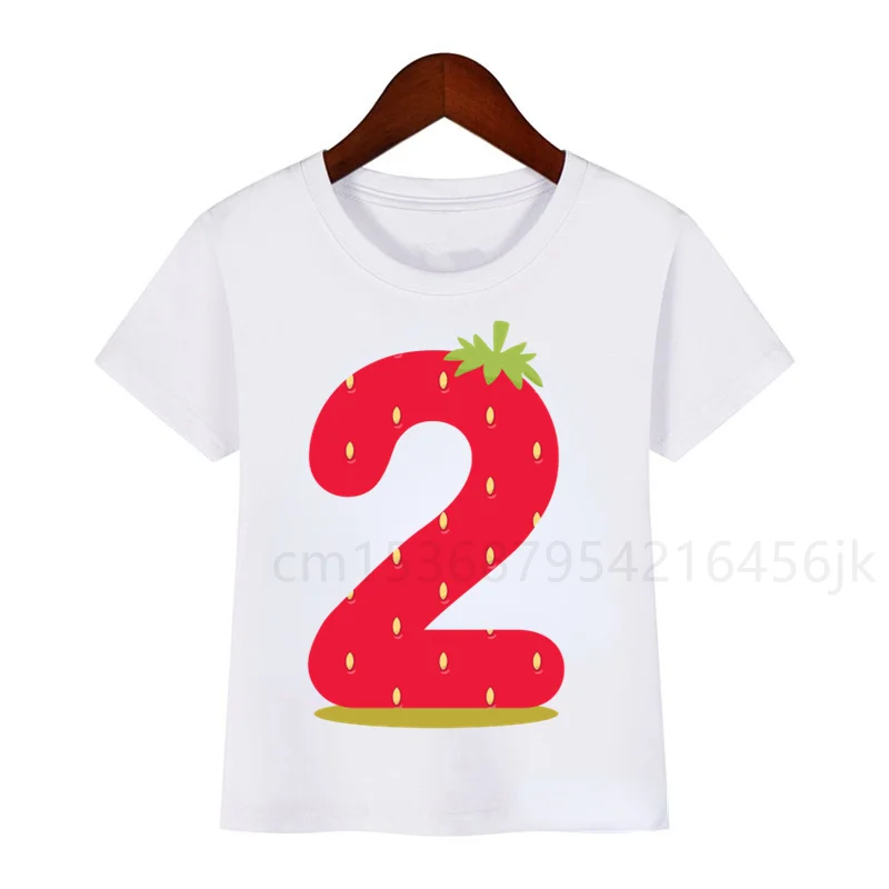 Girls Fruit Strawberry Birthday Number Print T Shirt Children Birthday Girl T-shirts Boy&Girl Gift Tshirt Present Clothes