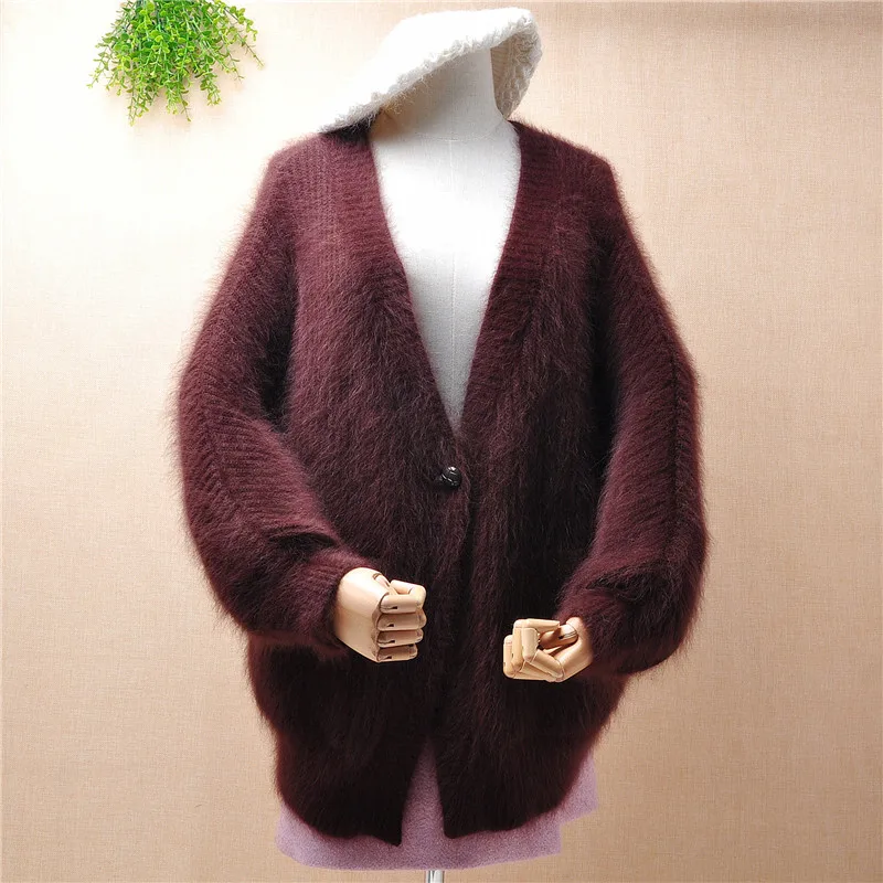 

ladies women fashion hairy deep v-neck mink cashmere knitted long lantern sleeves thick warm cardigans angora rabbit hair coat