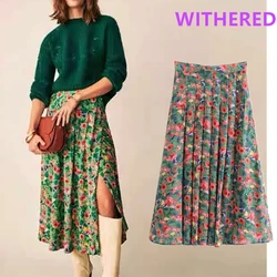 Maxdutti ins bogger england vintage floral print pleated fork high waists kirt women faldas mujer moda long skirts womens