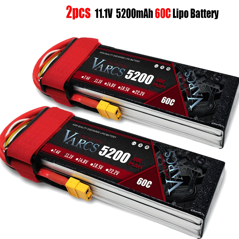 VARCS-Lipo 배터리, 2S 3S 4S 6S 7.4V 11.1V 14.8V 22.2V 5200mAh 60C 120C, RC 자동차 보트 트럭 헬리콥터 비행기 레이싱, 2 개입