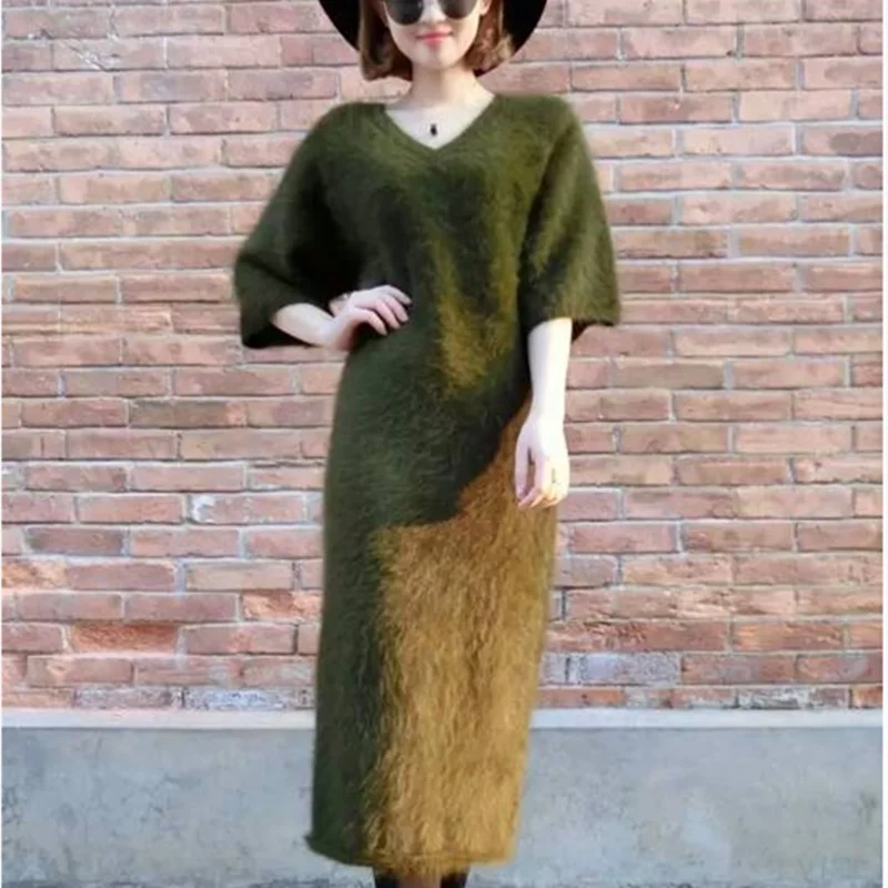 Long hair mink velvet V-Neck Sweater super long dress slim fitting and slim Pullover coat with 7 / 4 sleeves mink fur as base