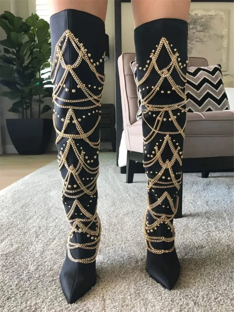 موضة سلسلة معدنية ديكور الفخذ عالية الكعب أحذية الخريف برشام المرأة أشار تو فوق الركبة أحذية السيدات أحذية الشتاء الحفلات #5
