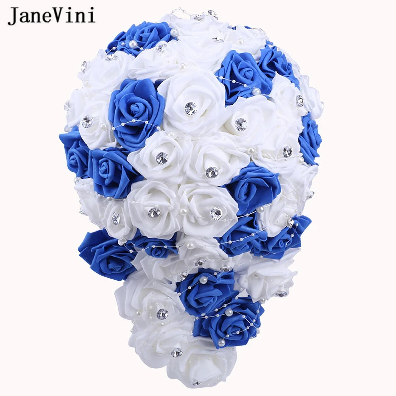 JaneVini Waterfall Royal Blue Bridal Holding Bouquet Perals Artificial PE Foam Roses White Flowers Wedding Bouquets Accessories