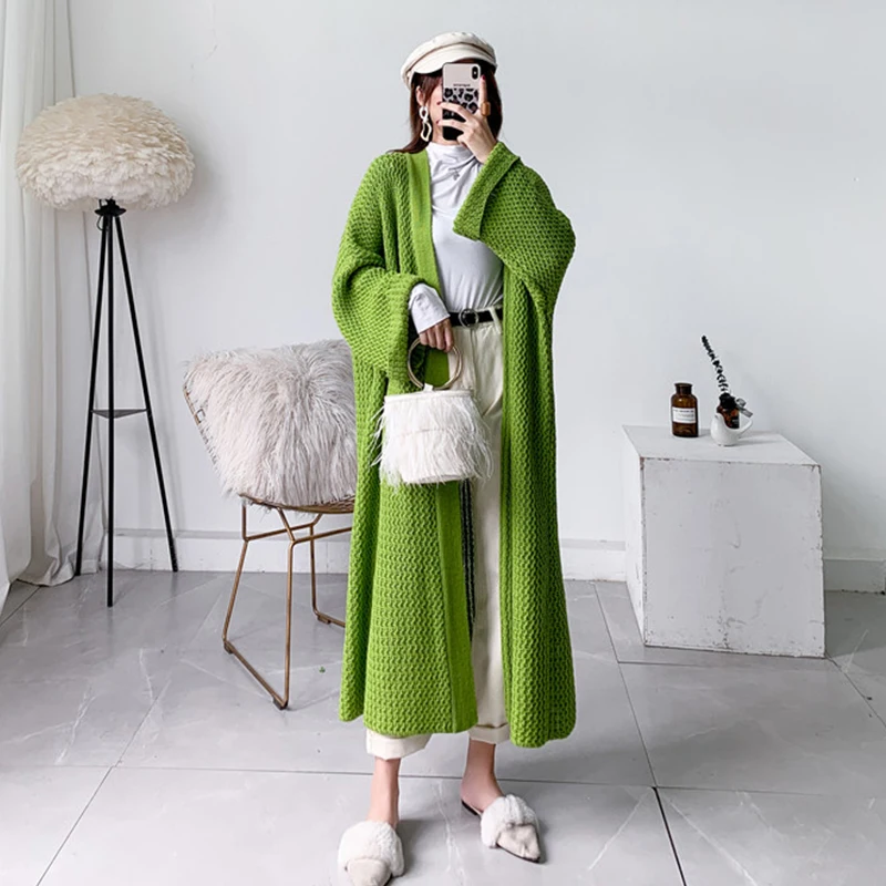 

[ZAYAU]Long Large Knitted Sweater Coat women's Autumn Winter Loose Oversize Commuter Cardigan Solid Green 2021