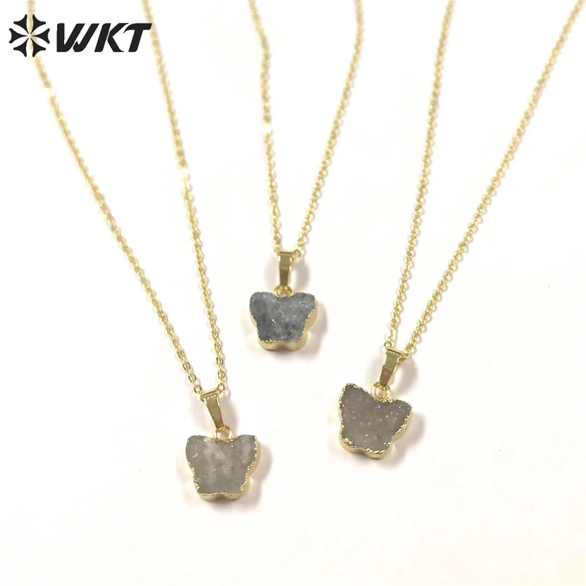 WT-N1315 Wholesale Natural grey Druzy quartz butterfly stone pendant necklace gold electroplated druzy stone butterfly necklace