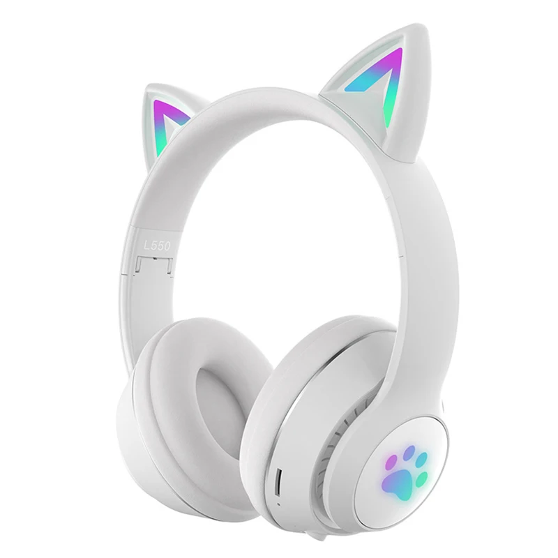 Portable Glowing LED Cute Cat Ears Sport Head Headphones L550 Blue-tooth Wireless Headset With Mic For Kid Gift