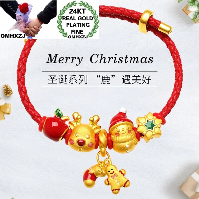 OMHXZJ Wholesale CA471 European Fashion Party Birthday Wedding Gift Christams Deer 24KT Gold DIY Accessories Bracelet Charm Bead