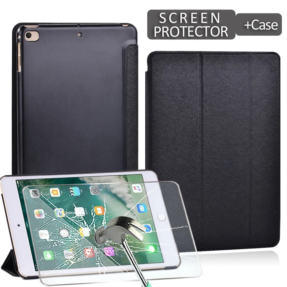 For Apple IPad Mini 1/2/3/4/5 Drop Resistance Dust-proof PU Leather Tablet Tri-fold Folding Stand Cover Case + Tempered Film