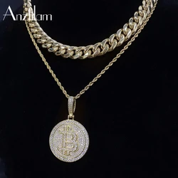 AZ Gold Silver Color  Iced Out Round Bitcoin  Pendants Necklaces Paved  Zircon Stone With Cuban Chain For Men Women Jewelry