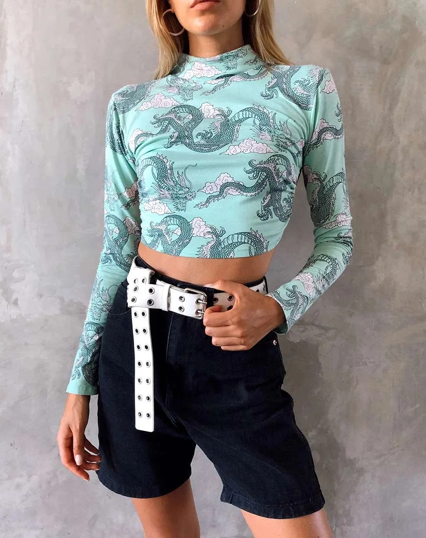 Women Fashion Long Sleeve Dragon Print Tops Stylish Backless Lace-Up Tops For Ladies Skin-Friendly Unique Design XS S M L