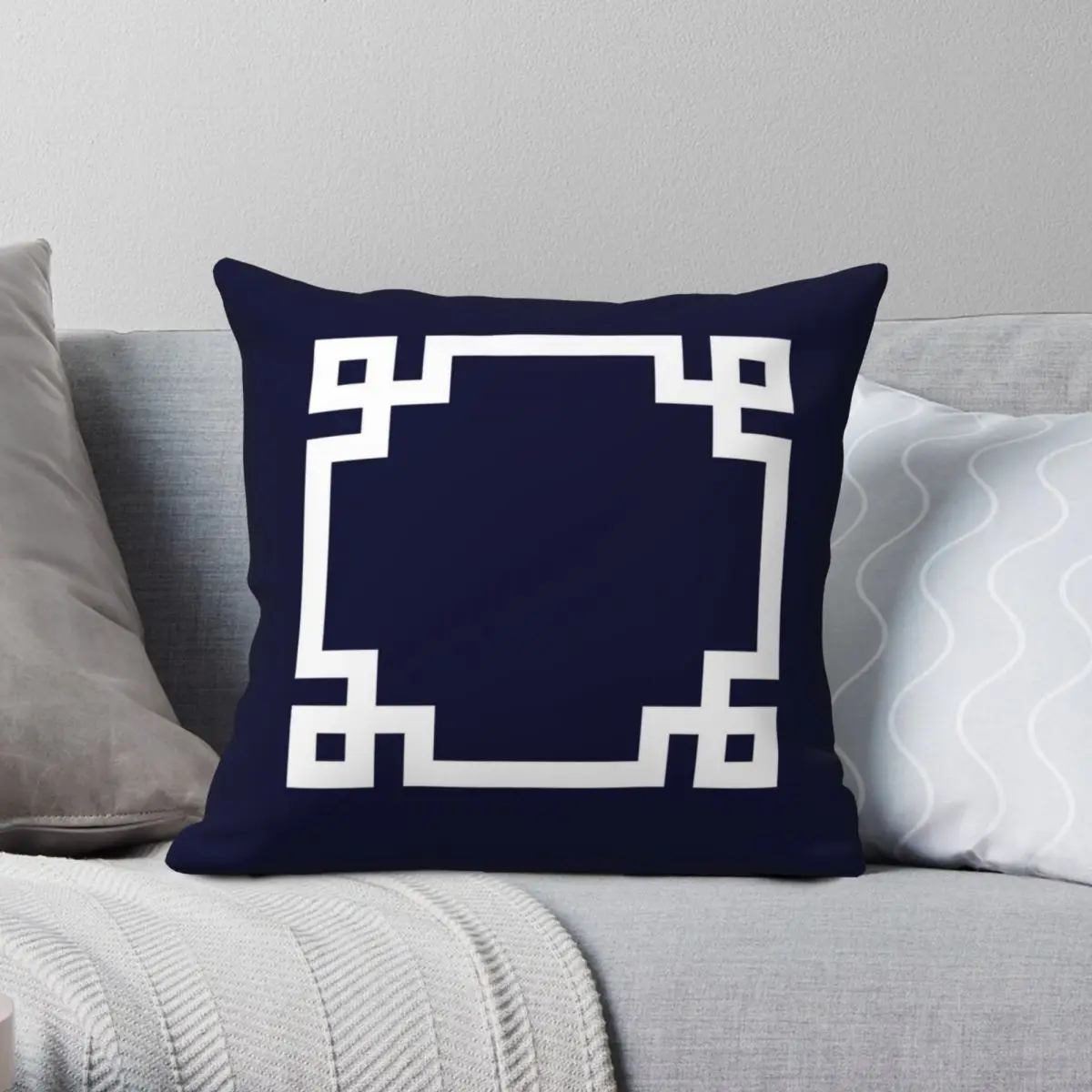 Greek Key Square White On Navy Blue Square Pillowcase Polyester Linen Velvet Creative Zip Decor Sofa Cushion Cover Wholesale 18