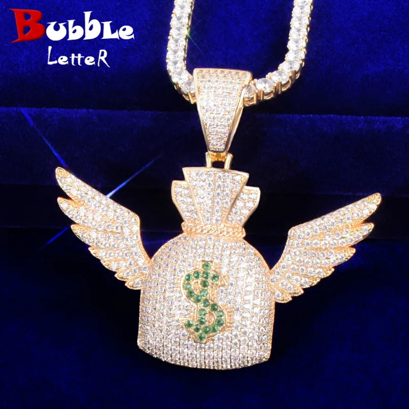 Dollar Bag Wing Pendant Gold Color Plated Cubic Zircon Men's Hip Hop Rock Jewelry