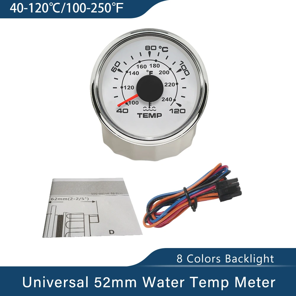 ELING 52MM Water Temperature Gauge Temp Meter for Car Motorcycle RV Yacht Boat with 8 Colors Backlight Universal 12V 24V