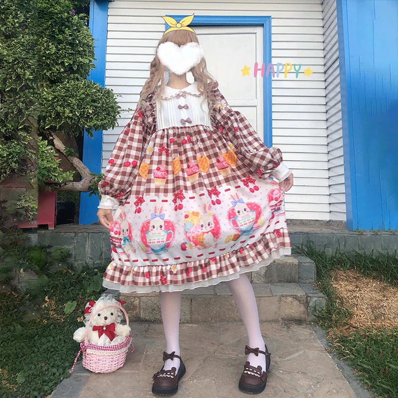 Kawaii Lolita dress Princess Missy afternoon tea daily soft sister cute rabbit long-sleeved plaid dress women autumn winter