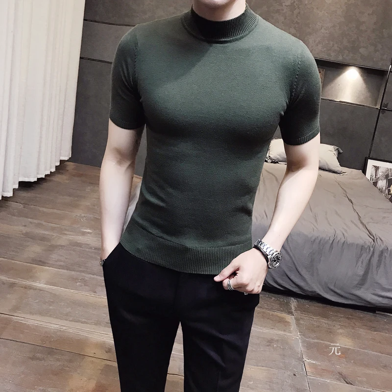 2020 moda krótki sweter z rękawem męskie swetry z golfem brązowy sweter męski brytyjski styl Top prosty Slim Fit Gentleman Sexy