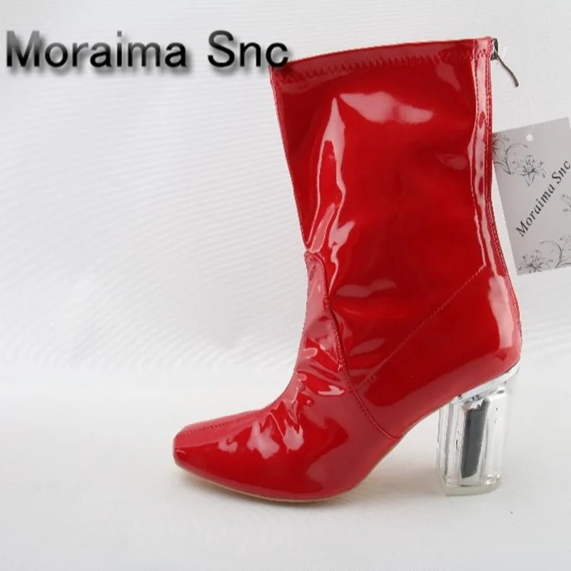 

Moraima Snc red boots transparent high heels boots women square toe mid-calf rainboots sexy ankle boots for women bottine femme