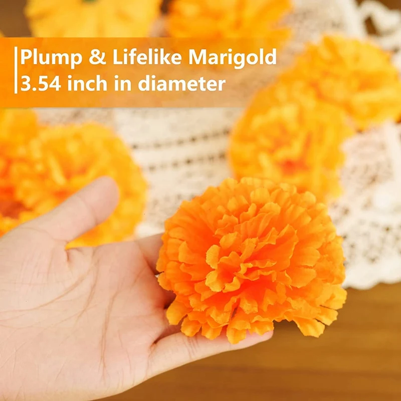 HOT-3.9Inch Marigold Flowers Artificial Day Of The Dead Flower 50Pcs Fake Marigold Flowers Head For Marigold Garland Making