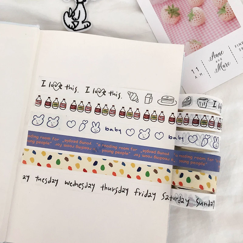 SIXONE Ins Simple Cartoon Washi Tape English Letter Hand Account Sticker Decorative Tapes Korean kawaii scrapbook stationery