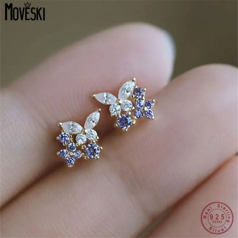 

MOVESKI Real 925 Sterling Silver Plated 14K Gold Purple Lavender Butterfly Stud Earrings For Women Cute Fine Jewelry