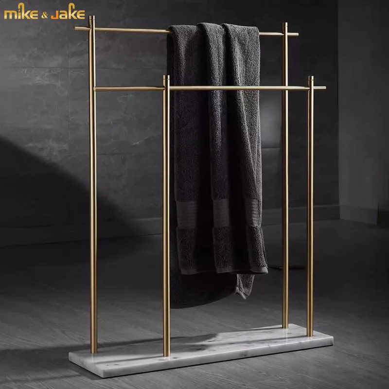 Gold brush with natural marble floor towel shelf bathroom floor towel rack floor stand style floor towel rack storage rack