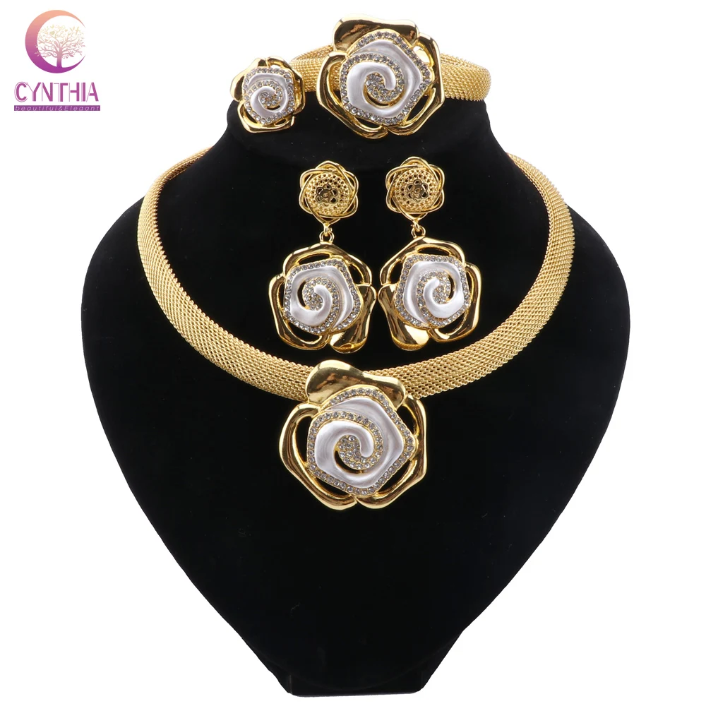 CYNTHIA African Women Gold Color Necklace Women Jewelry Sets Crystal Earrings Ring Classic Wedding Flower Jewelry Set for Bride