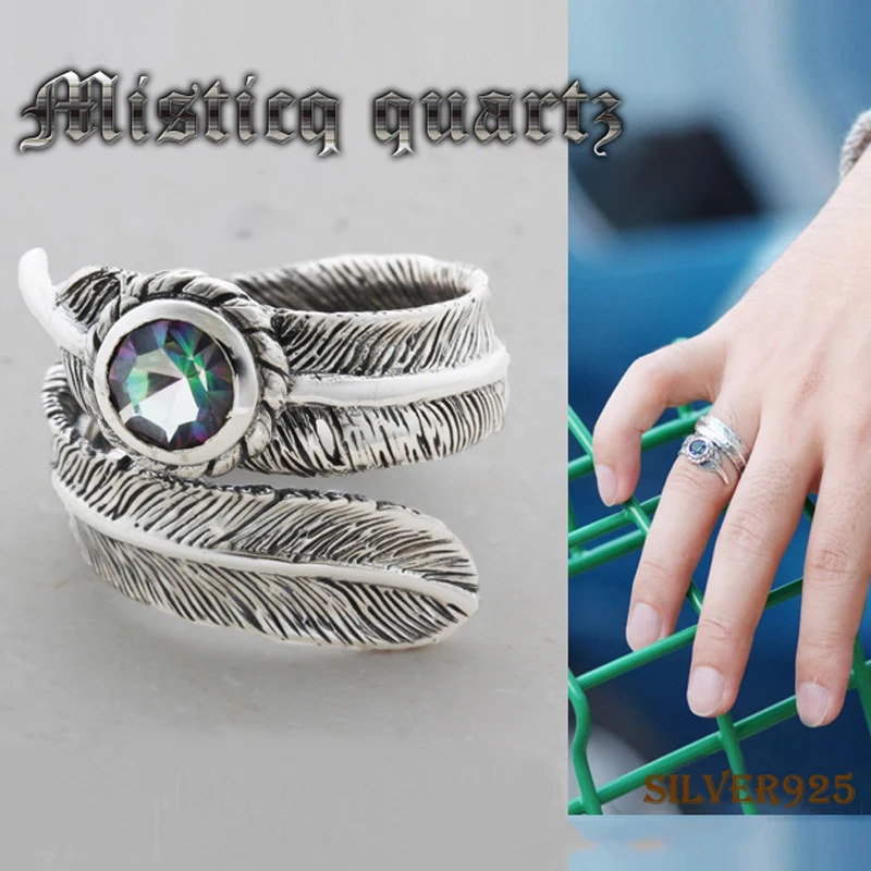 

ruibeila925 silver Indian style feather open ring adjustable size men and women gemstone jewelry new ring