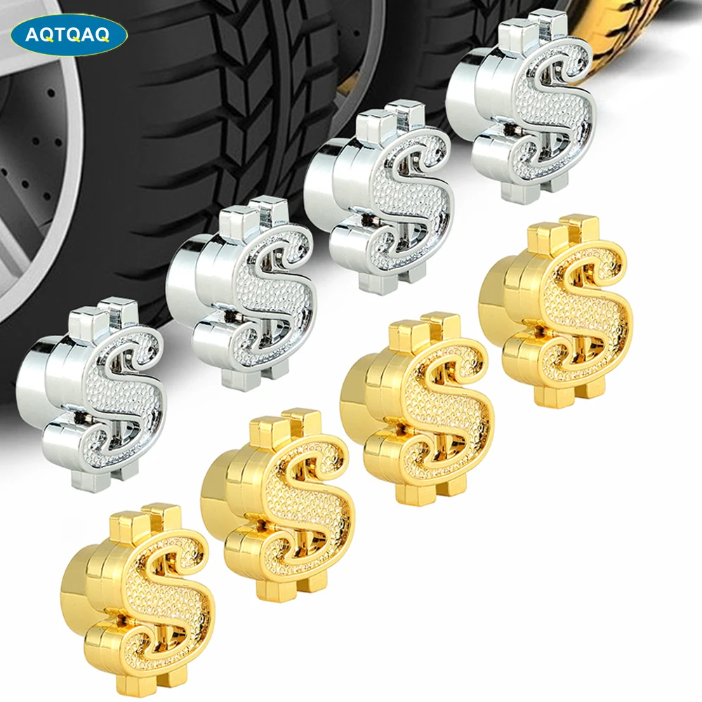 AQTQAQ 4PCs New Arrial Aluminiowe kołpaki zaworów opon samochodowych w dolarach amerykańskich Osłona przeciwpyłowa powietrza do opon Kołpak zaworu koła rowerowego