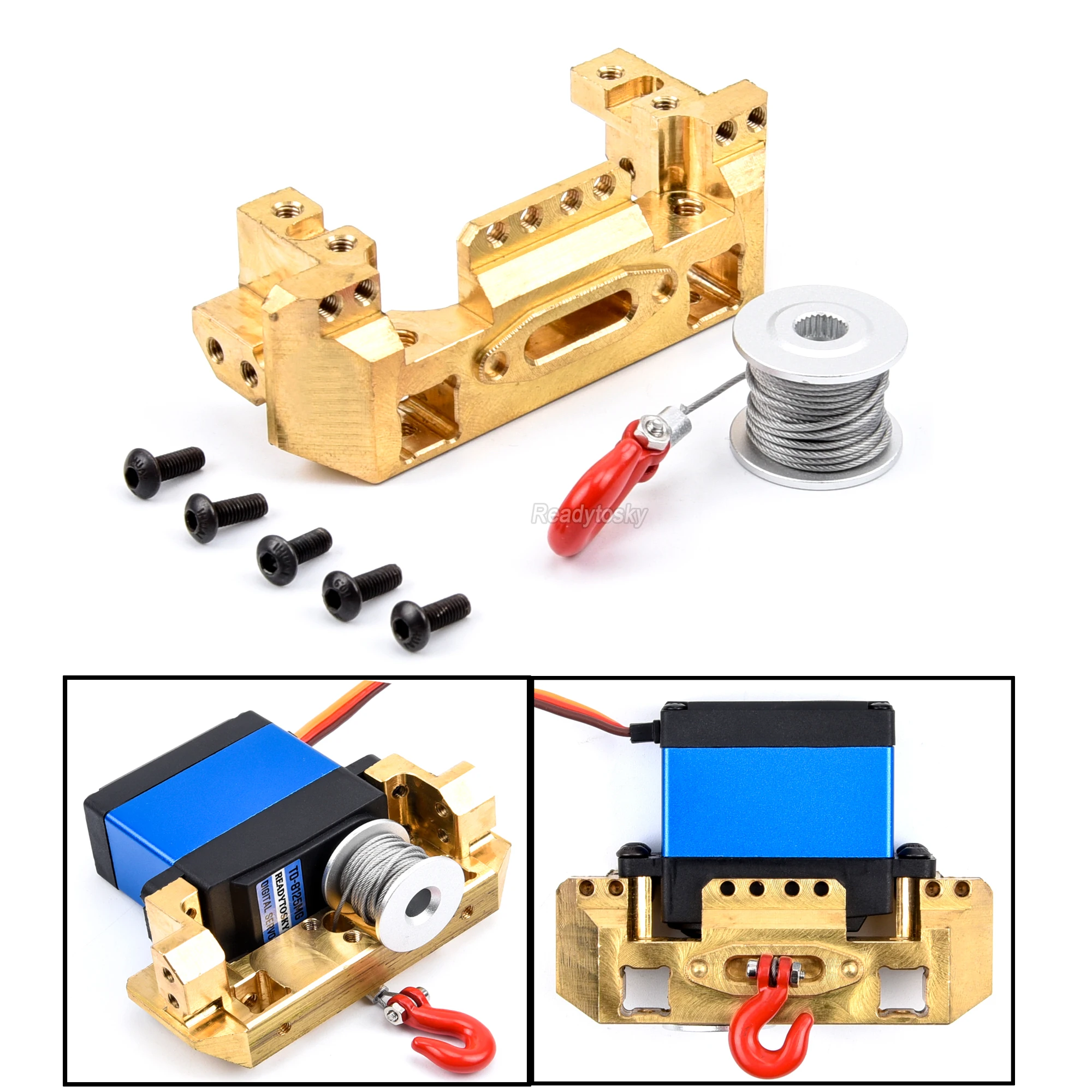 TRX4 CNC Aluminum Brass Front Bumper with Servo Mount & 25T Steering Gear Servo Winch Wheel for 1/10 RC Crawler TRX TRX-4