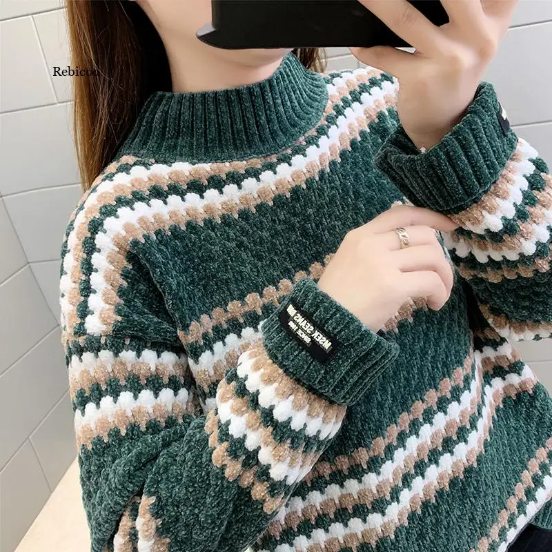 New Women Sweater High Collar Pullover Vintage Long Sleeve Loose Knitted Winter Female Stripe Sweater Big Size NS4683