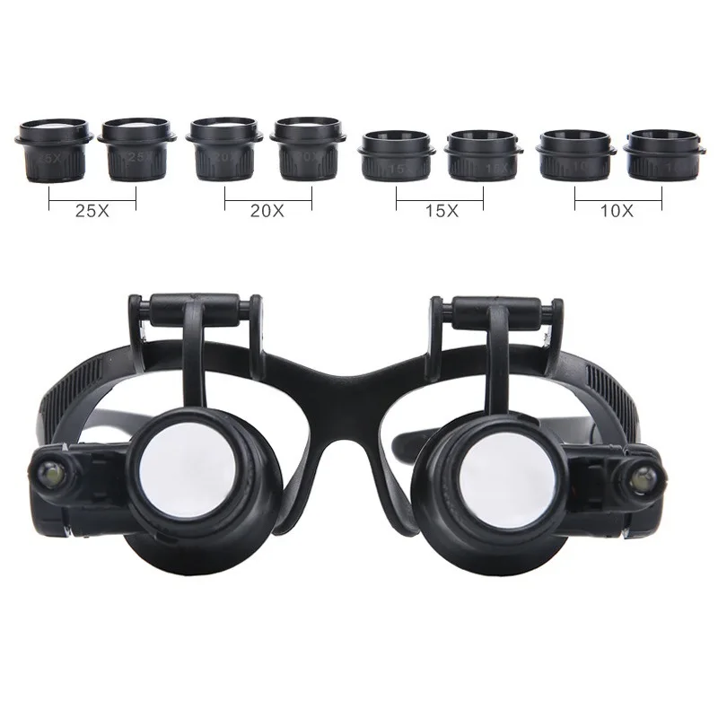 Black Watch Magnifier High Zoom Headband Eyewear Magnifying Glasses 2 LED Illuminated Magnifier Watch Repair Glasses