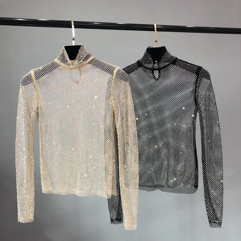 Glittering Mesh Diamond HollowOut Jacket Sexy Long-Sleeved Turtleneck Cultivate one\'s Morality Shirt  Party  Women