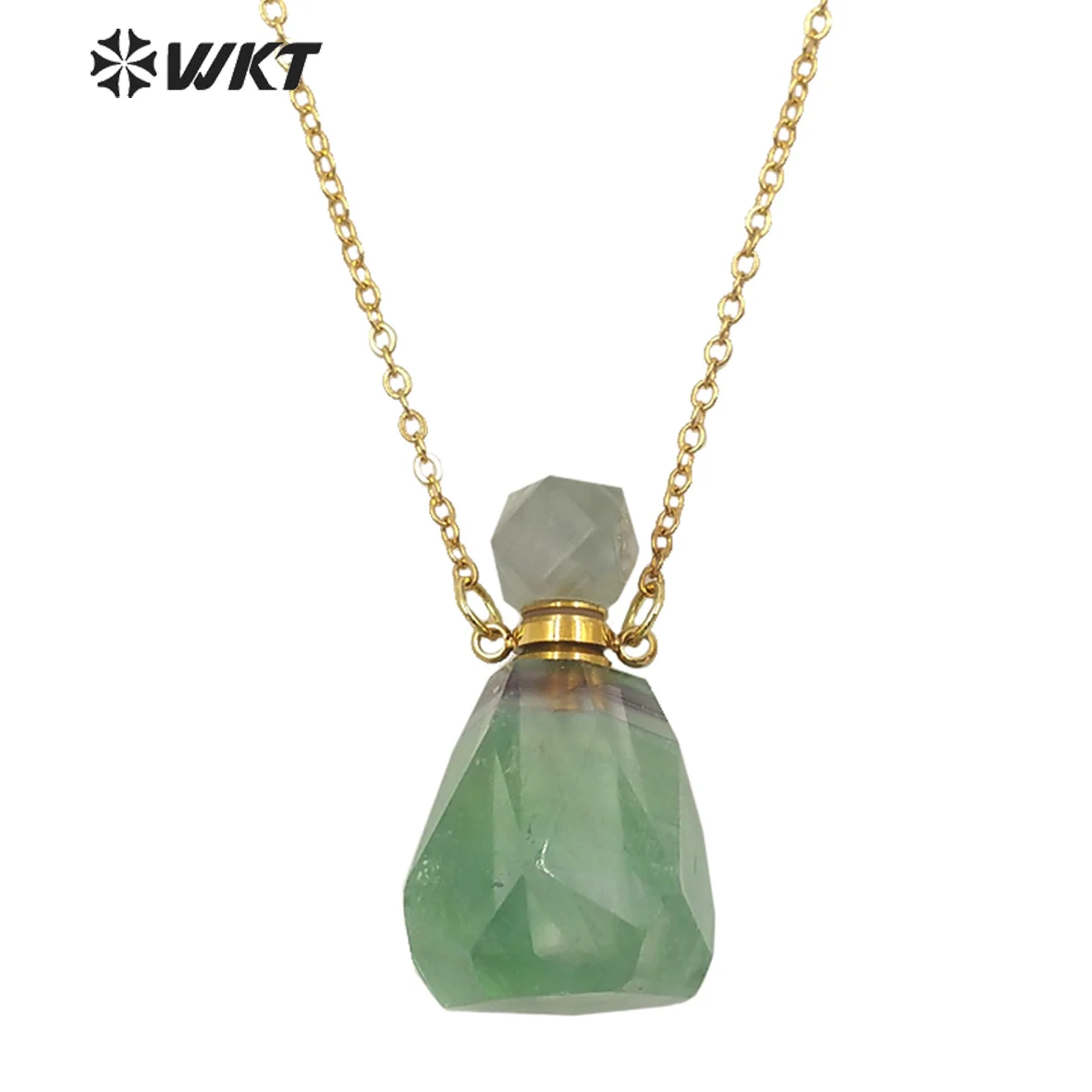 WT-N1312 Wholesale Natural faceted rainbow Fluorite essencial oil bottle necklace stainless steel stone bottle pendant necklace