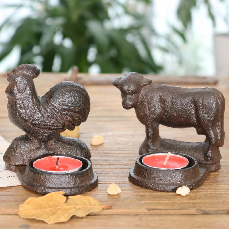 

Rustic Cast Iron Tealight Candle HolderS Bird Rooster Cow Frog Designs Handmade Heavy Animal Figurines For Home Tabletop Decor