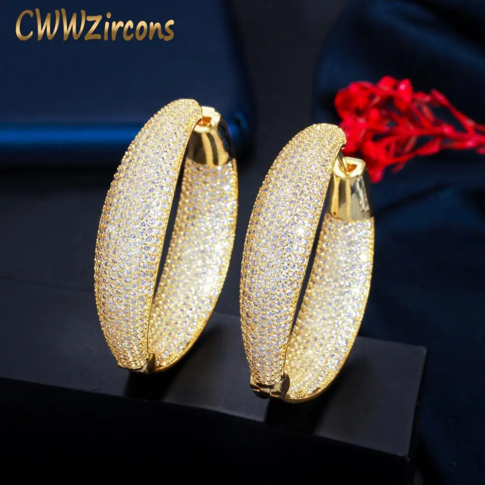 CWWZircons Super Luxury Micro Pave Cubic Zirconia Stone Round Big Gold Plated Hoop Earring for Women Dubai Bridal Jewelry CZ793