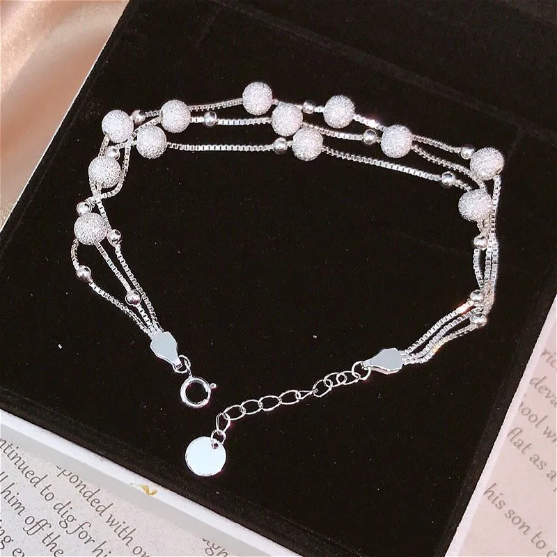 Exquisite Whole Real 925 Sterling Silver Elegant Double Links Bracelets Three layers Lasting Shiny Chain Delicate Frosted Ball