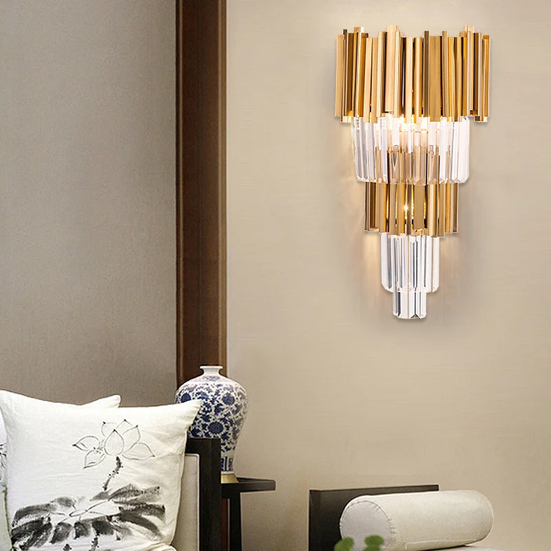 Modern Living Room Golden Stainless Steel Crystal Wall Lamp Lighting Bedroom Bedside Wall Light E14 AC85-265V LED Lamp