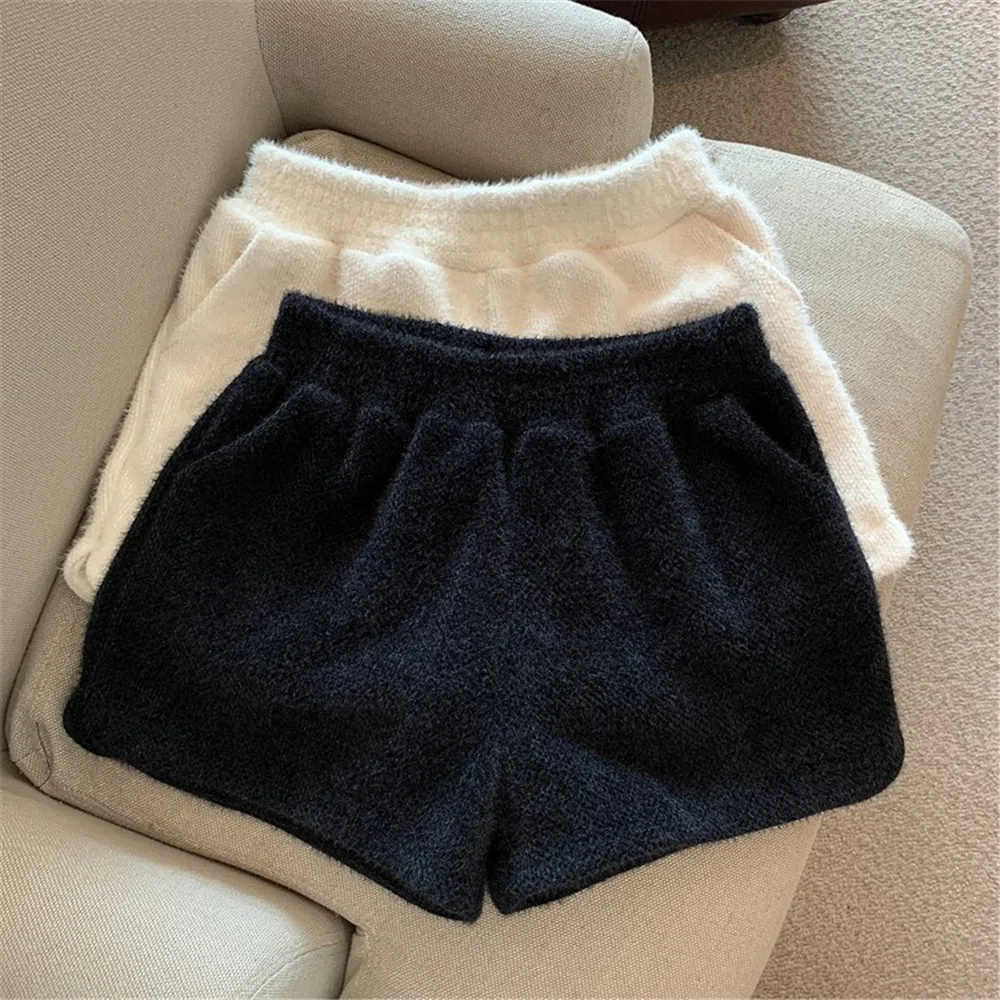 knit shorts autumn and winter women mink fur shorts female loose hot girl a-line wide-leg high waist straight boots shorts