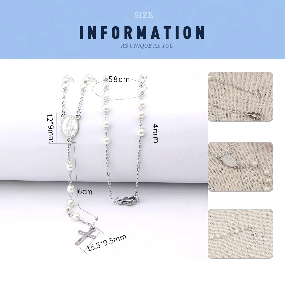 FINE4U N421 Stainless Steel Cross Virgin Mary Pendant Necklace 4mm Rosary Pearls Beads Necklaces For Christian Jewelry