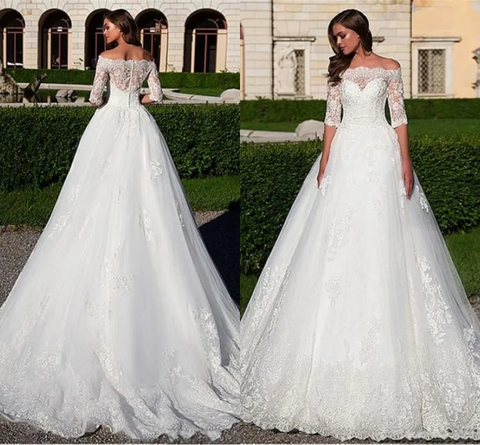 2020 Gorgeous Off-the-shoulder Half Sleeves Wedding Dresses With Beaded Lace Appliques Illusion Back Bridal Gowns robe de mariee