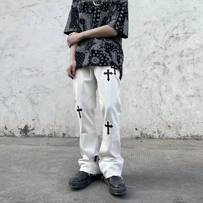 Cross Embroidery Jeans Men Women Hip Hop Streetwear Burrs Flared Denim Pants Mens Vibe Style Slim Fit Trousers