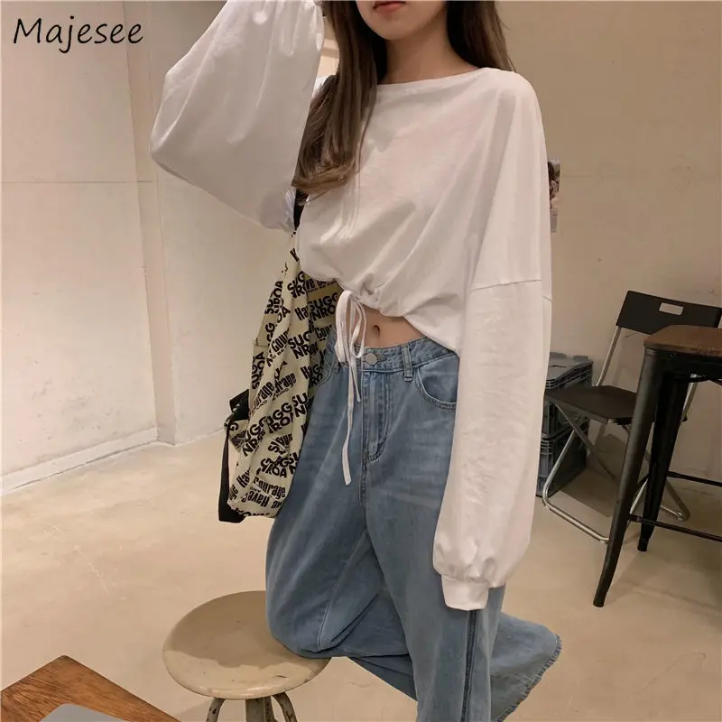 T-shirt Women Long Sleeve O-Neck Pure Drawstring Hem Loose Harajuku Retro Womens Tees All-match Elegant Crop Tops High Waist New