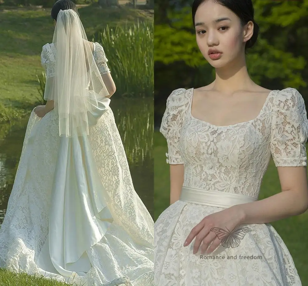 Vestidos De novia largos De encaje De alta calidad, vestidos De novia De manga corta con espalda descubierta, con lazo, hechos a medida, 2021