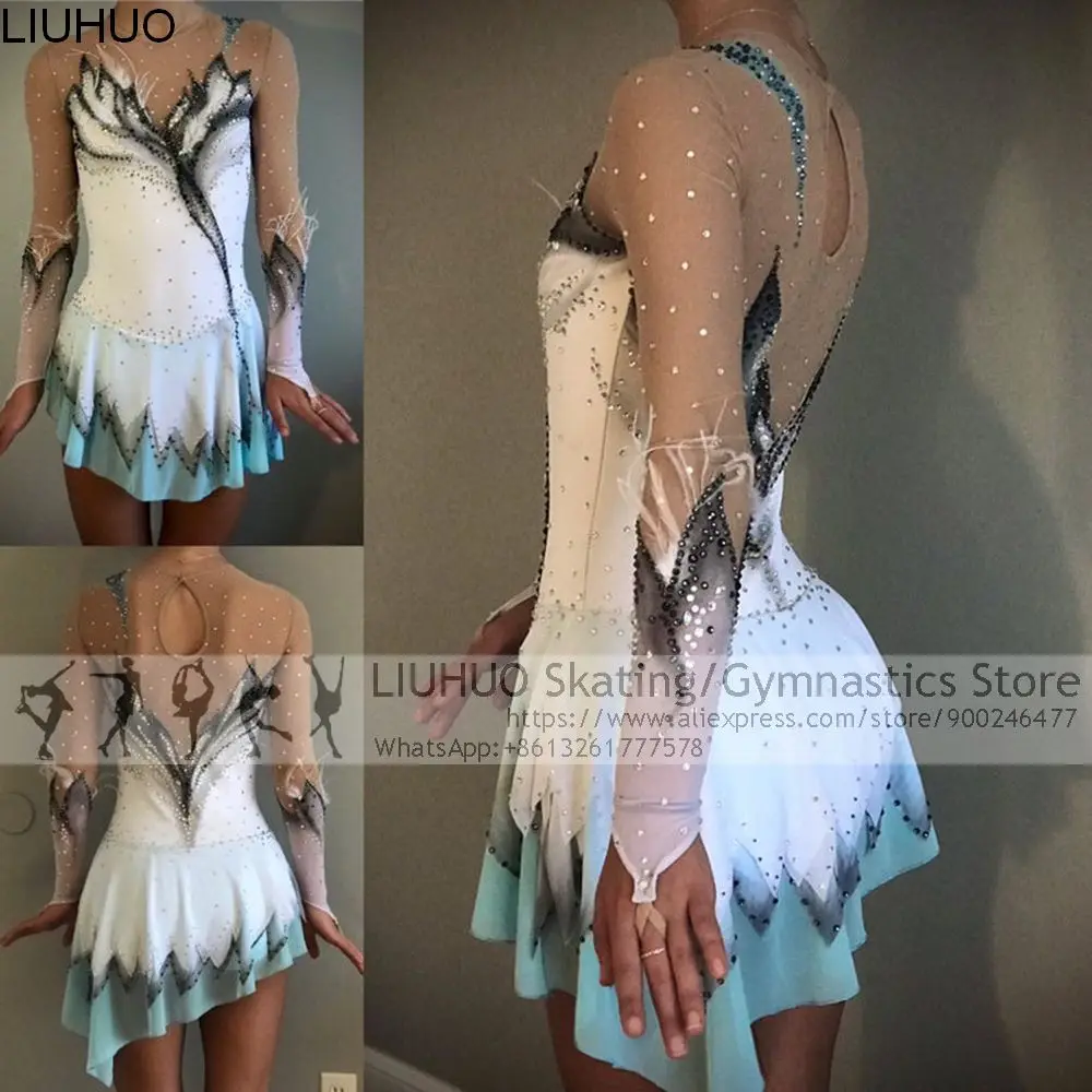 Ice Figure Skating Dress Women Girls White Feather Competition Costumes Teens Skating Dress Female Dancewear Wholesal