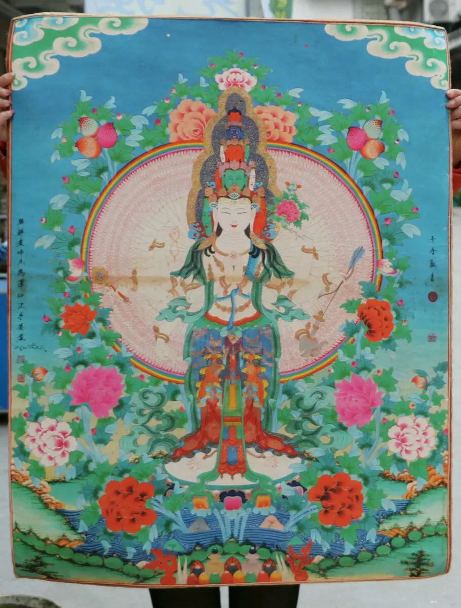 

Collection Chinese Tibet Paper Thangka Thousand-hand Bodhisattva Avalokiteshvara Guan Yin Kwan-yin Goddess Tangka Mural