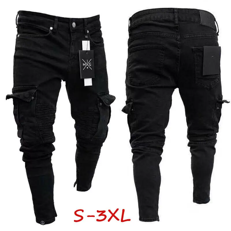 Mode Hommes Slim Fit Urban Droite Jambe Noir fjDenim Casual Crayon Jogger Cargo Pantalon S-3XL