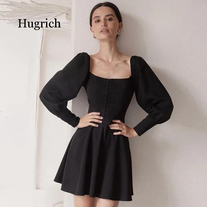 Women's Black Dress Button Up Long Puff Sleeve Elegant Vestidos High Street Lady Ruffled Zipper Solid Clothes New